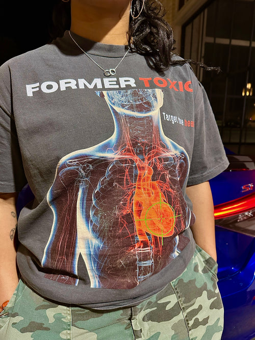 Close-up of Heat Scan Targeted Heart Tee showing thermal anatomy chest graphic with neon red heart target.