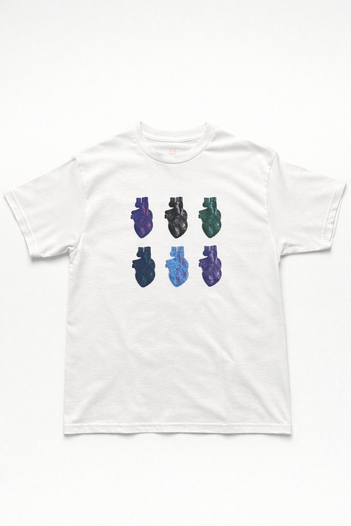 White t-shirt with colorful graphic on a white background